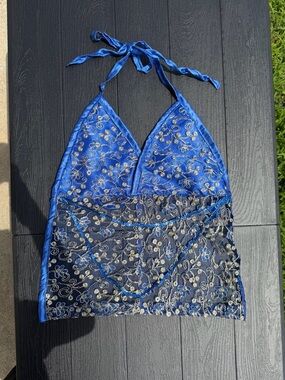 Handmade Blue backless halter neck tank top with floral embroidery